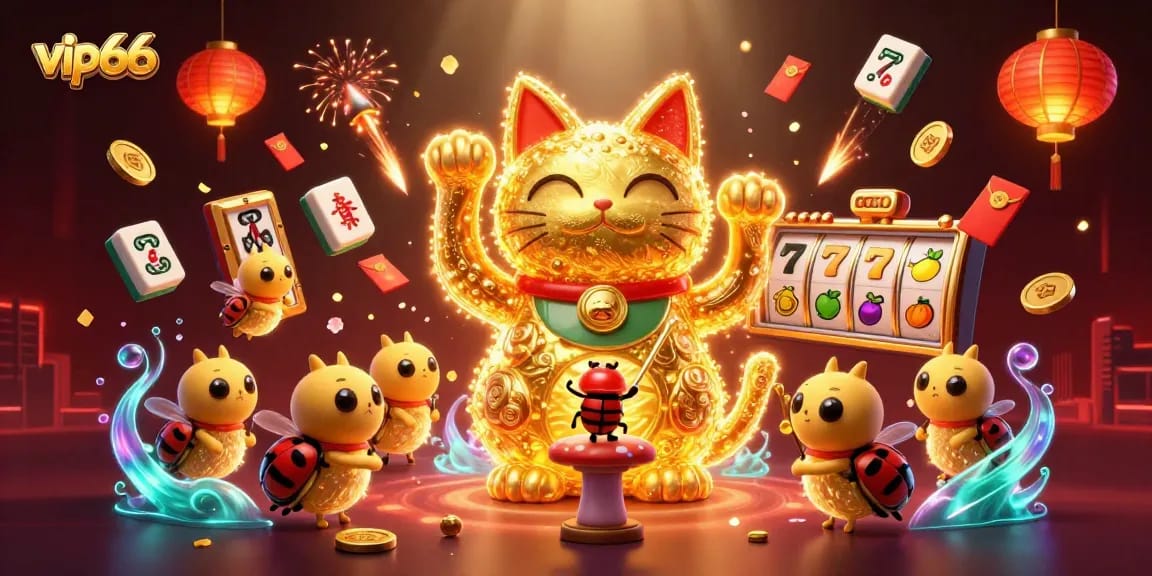 Engage with vip66's vibrant casino experience featuring a lucky cat and dynamic visuals.