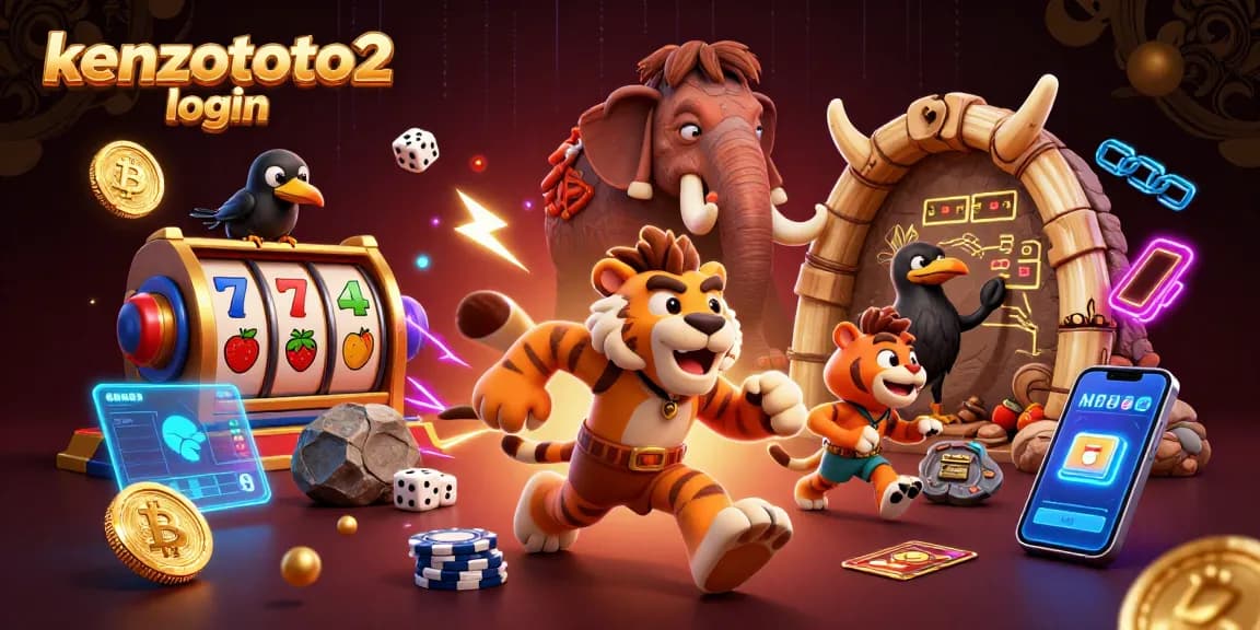 Menggunakan kenzototo2 login, dua karakter kasino prasejarah bermain di kasino bertema dengan simbol slot, dicampur dengan elemen crypto.