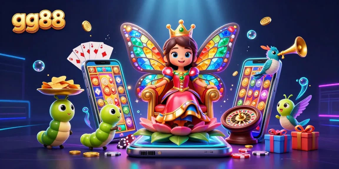 Experience the excitement of gg88 with a vibrant 3D casino scene filled with golden coins and dynamic slot games.