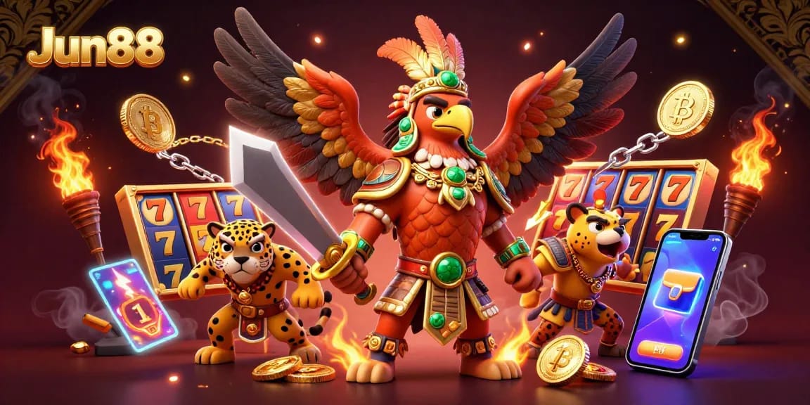Experience thrilling gaming at Jun88 with vibrant reels, golden coins, and energetic Aztec warriors.