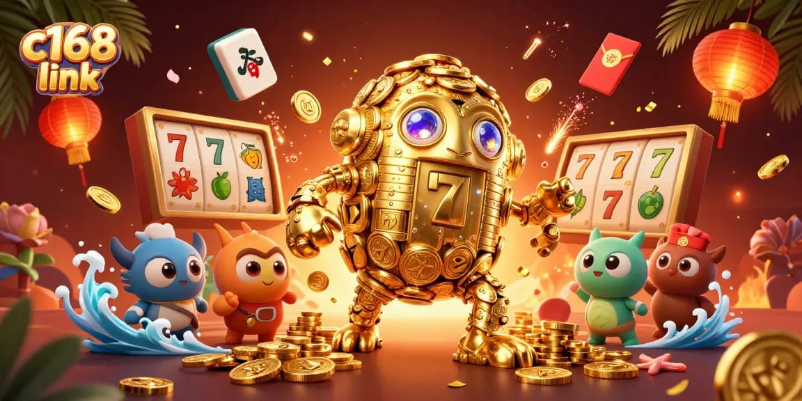 Engage with the dynamic c168 link casino scene featuring a golden golem and vibrant game elements.