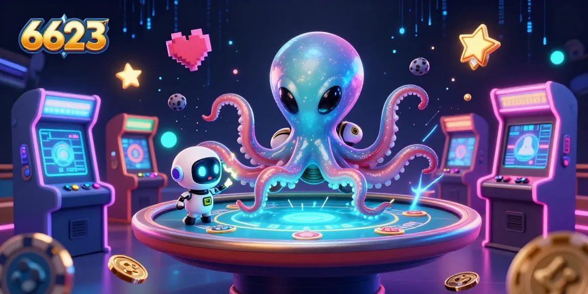 Experience thrilling poker action at 6623 with a dazzling alien octopus and vibrant casino games.