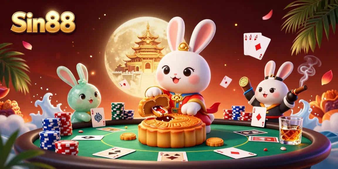 Experience thrilling poker action with Sin88 featuring a moon rabbit and chips in a vibrant casino scene.