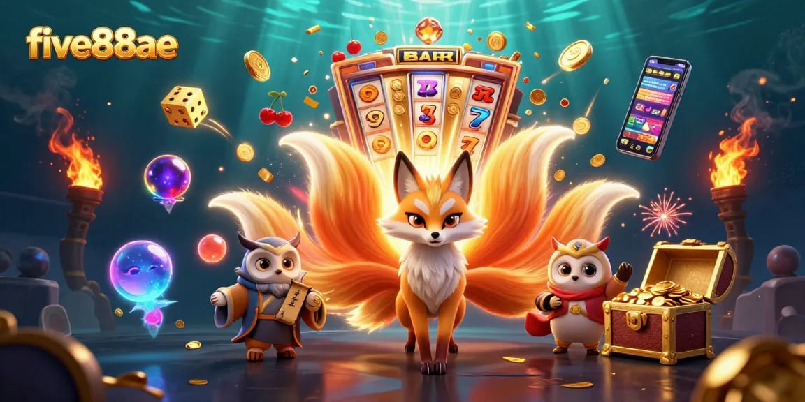 Engage with five88ae's exciting slot machines and vibrant gaming atmosphere illustrated in a rich, colorful scene.
