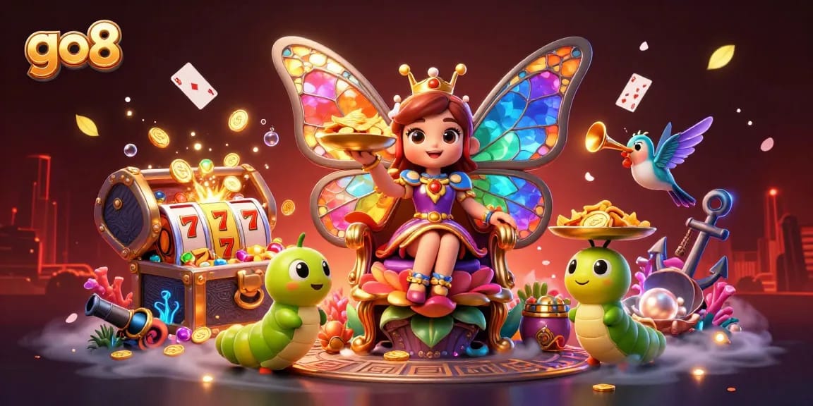 Experience thrilling games at go8 with a vibrant 3D scene featuring colorful treasures and dynamic casino elements.