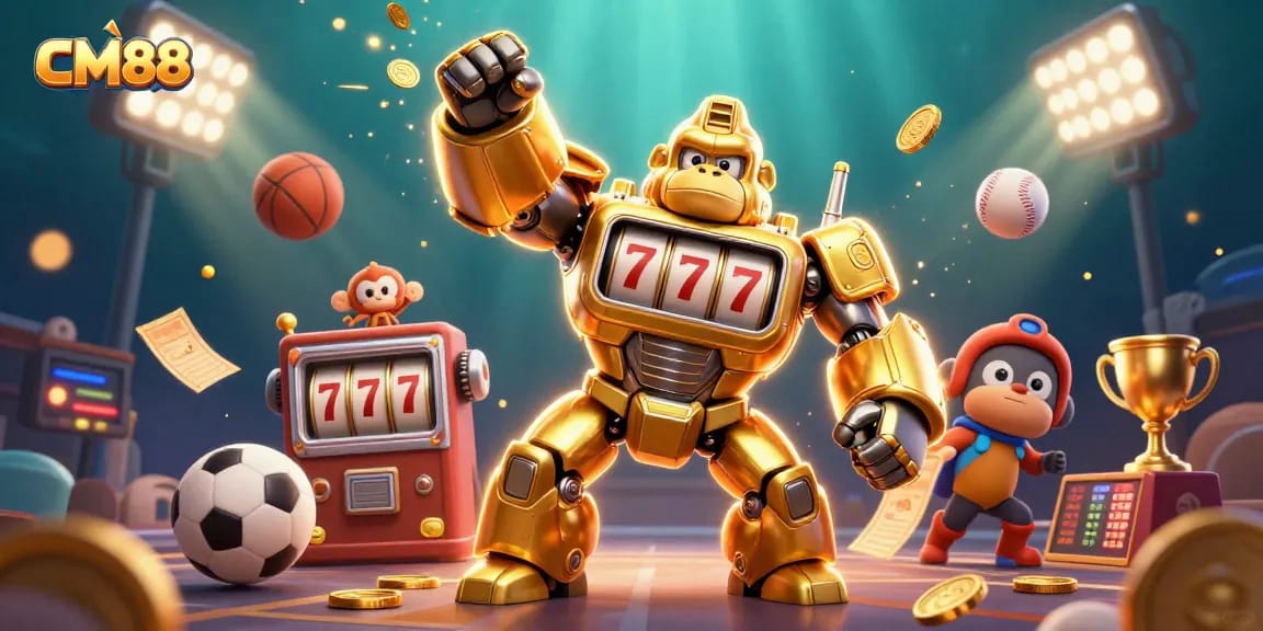 Engage in thrilling gaming action with CM88 featuring a golden gorilla mech amidst dynamic sports elements.