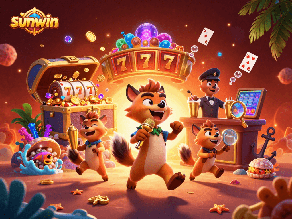 Engage in the fun with sunwin, featuring hyenas hosting a comedy casino scene with vibrant elements.