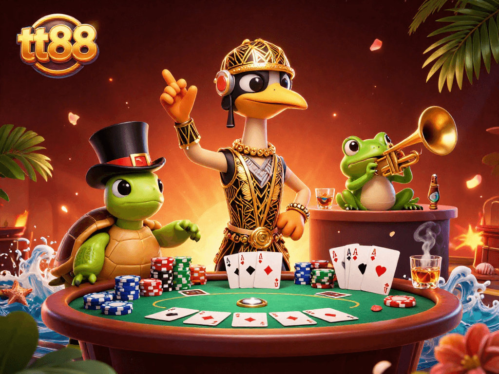 Engage with tt88's thrilling environment at a vibrant 3D casino featuring poker tables and charismatic characters.