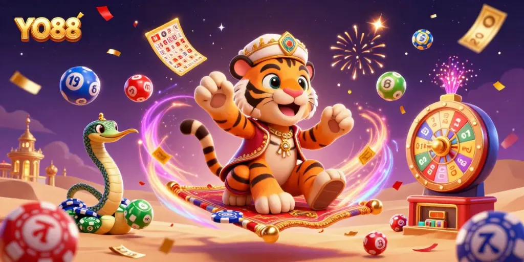 Experience the excitement of YO88 with vibrant gaming elements in a magical desert scene.