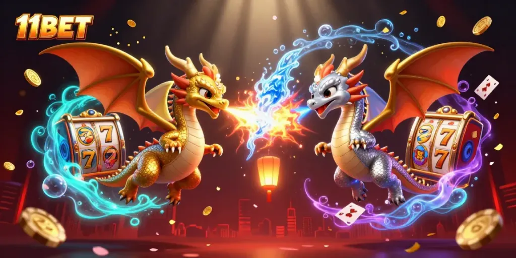 Engage with thrilling casino gameplay at 11BET, featuring dynamic dragons amidst joyous slot elements.