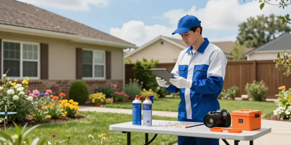 Pest control technician inspecting a garden for pests, showcasing professional service.