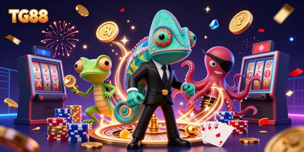 Experience thrilling gaming action with TG88's vibrant characters and casino elements.