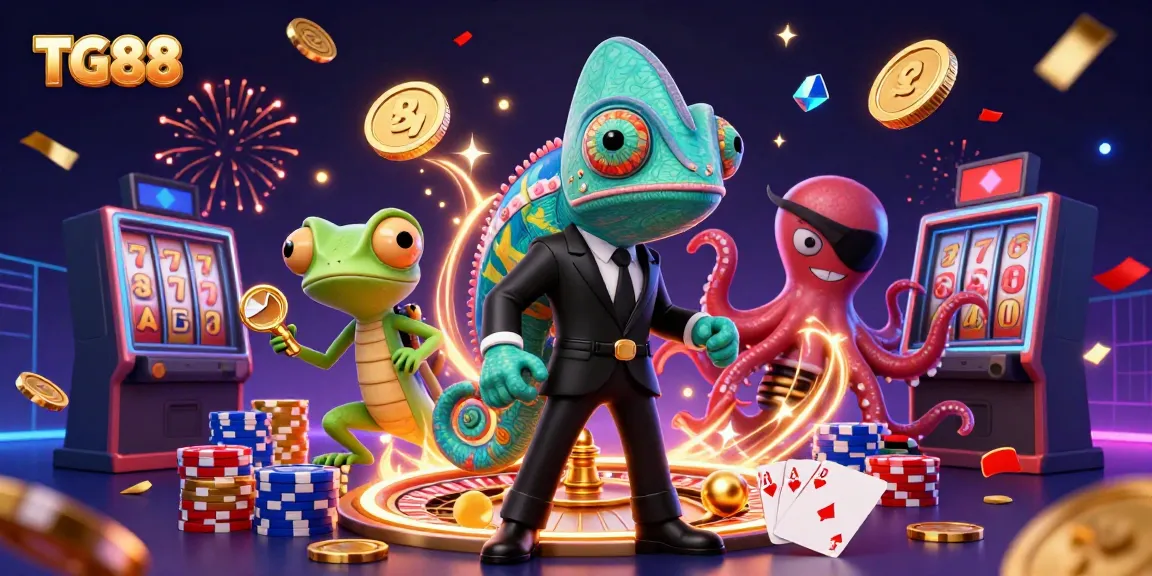 Experience thrilling gaming action with TG88's vibrant characters and casino elements.