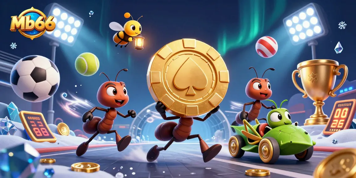 Ants and a grasshopper transport a giant poker chip for Mb66, surrounded by flying sports elements.
