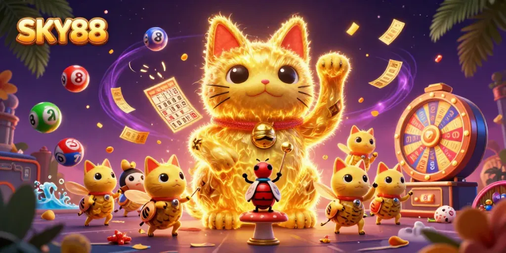 Win big with SKY88 in a vibrant carnival of colorful lottery and casino elements.