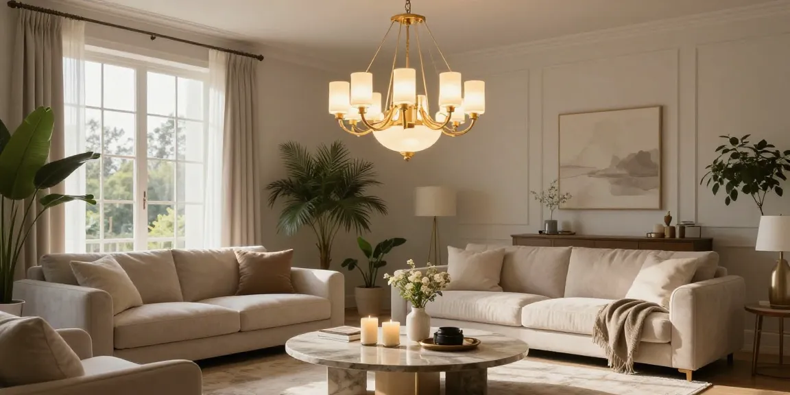 Candelabru living modern într-un living elegant cu lumină naturală
