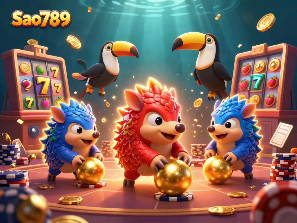 Sao789 showcases rival pangolins in a thrilling casino scene with vibrant slot elements and golden confetti.