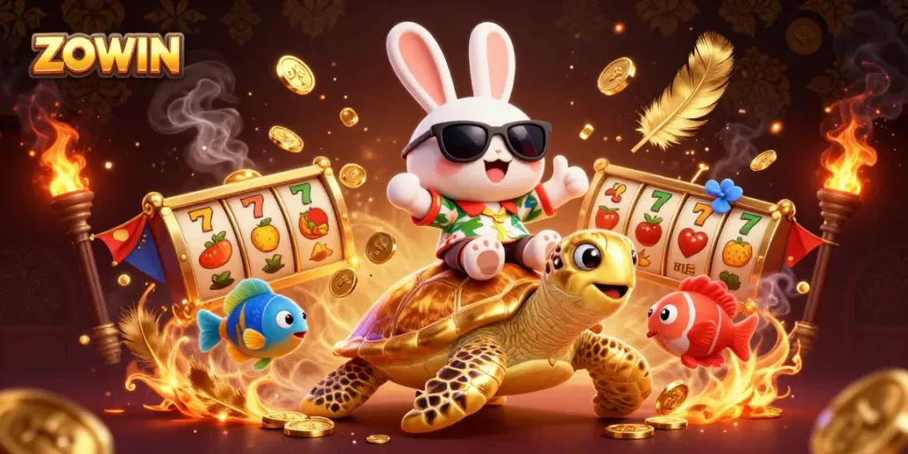 ZOWIN features a lucky rabbit and golden sea turtle in a vibrant casino scene filled with slot reels and tokens.