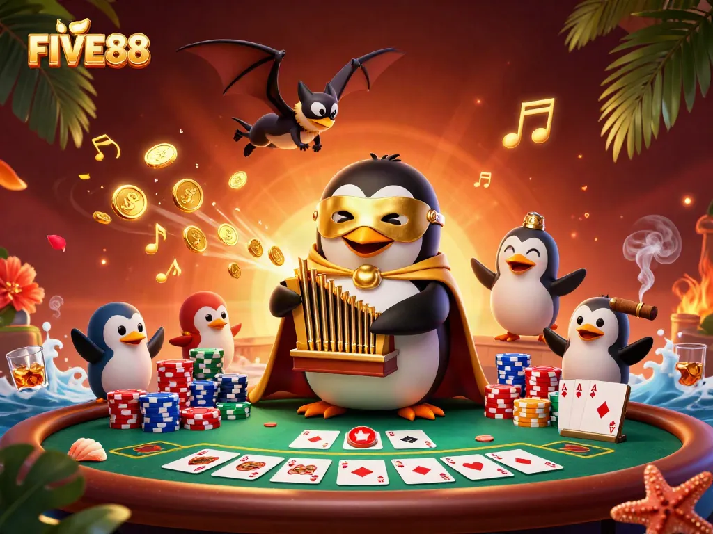 Experience the excitement at FIVE88 Casino, where golden coins flow and poker chips tower!