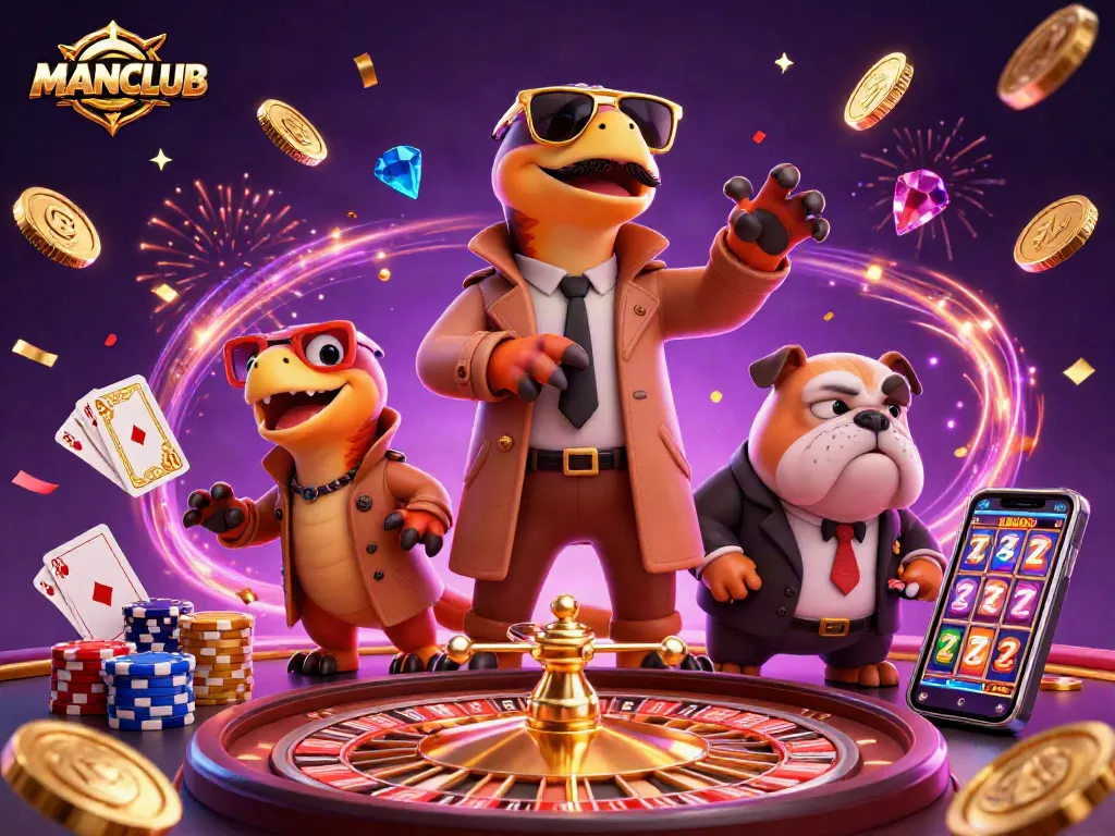 Join MANCLUB in this vibrant casino adventure with three cartoon raptors and a skeptical bulldog.