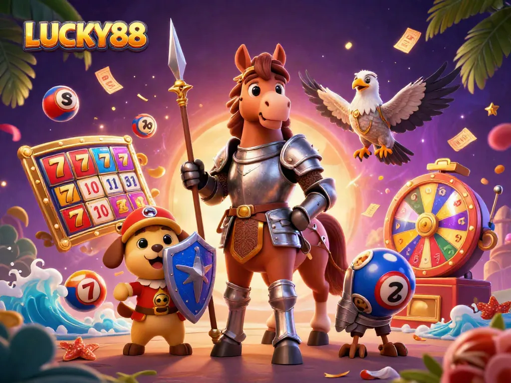 Experience the excitement of LUCKY88 with vibrant slot reels, golden tickets, and dynamic lottery elements.
