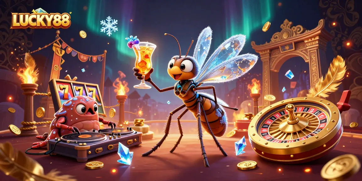 Spin and win with LUCKY88 in a vibrant casino-themed illustration featuring a unique frozen mosquito mascot.