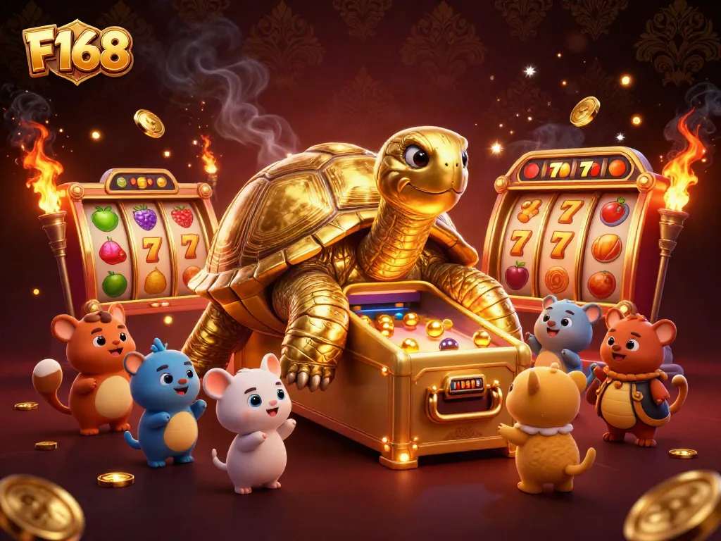 Engage in thrilling gameplay with the F168 slot machine's colossal golden tortoise and vibrant casino elements.
