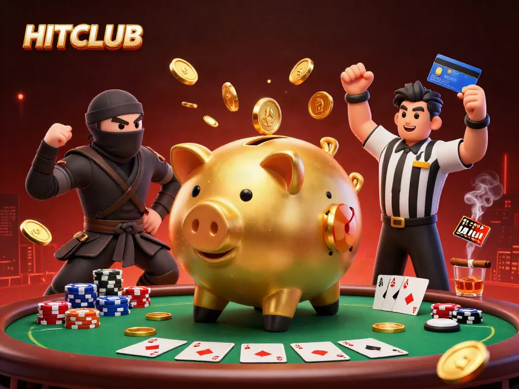 Experience the excitement of poker with HITCLUB's energetic scene featuring dynamic characters and vibrant casino elements.
