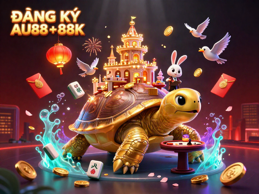 Experience the excitement of ĐĂNG KÝ AU88 + 88K with this vibrant 3D casino illustration featuring a tortoise casino and dynamic game elements.