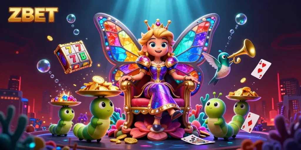 Engage in thrilling gameplay with ZBET's vibrant casino scene featuring a butterfly queen and gem-like elements.