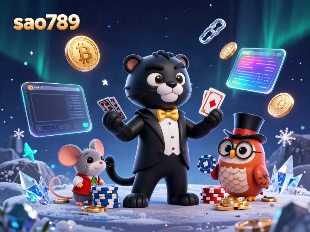 Sao789 showcases an elegant black panther dealer in a tuxedo, surrounded by vibrant casino elements.