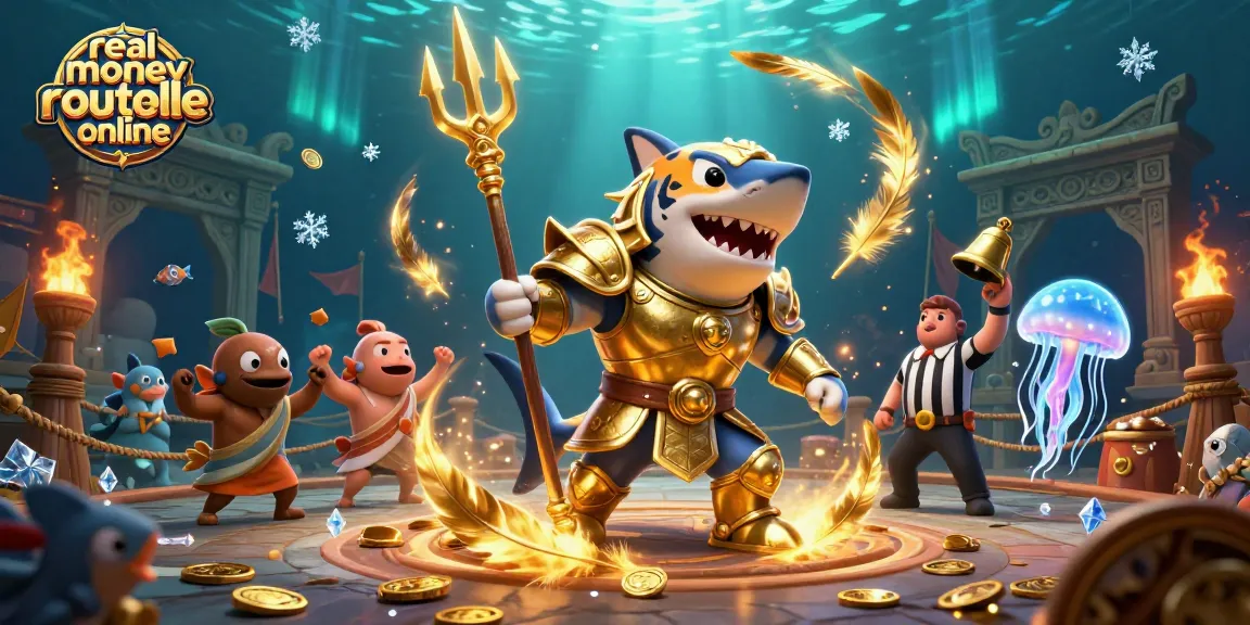 Experience real money roulette online with a dynamic scene of a golden gladiator shark and cheering fish.