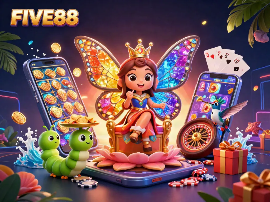 Experience the excitement of FIVE88 casino games with vibrant characters and dynamic gaming elements.
