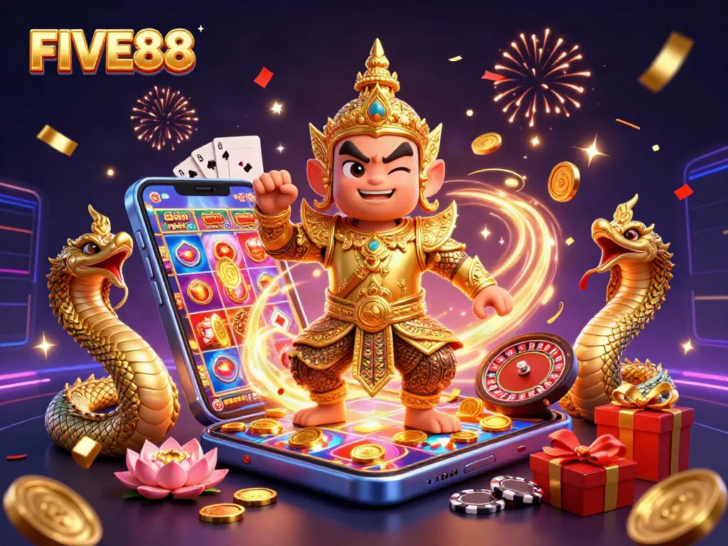 Engage with FIVE88 online casino through vibrant 3D illustration of exciting gaming elements.