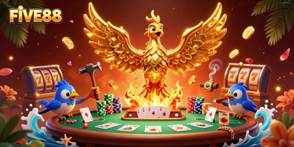 Experience the excitement of FIVE88 casino with a phoenix emerging from a rich 3D gaming scene.