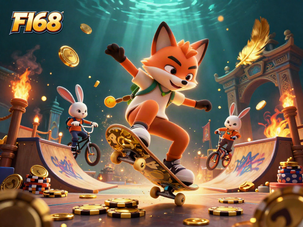 F168 showcases a skateboarder fox and BMX rabbit in a vibrant casino scene, featuring poker chips and golden coins.