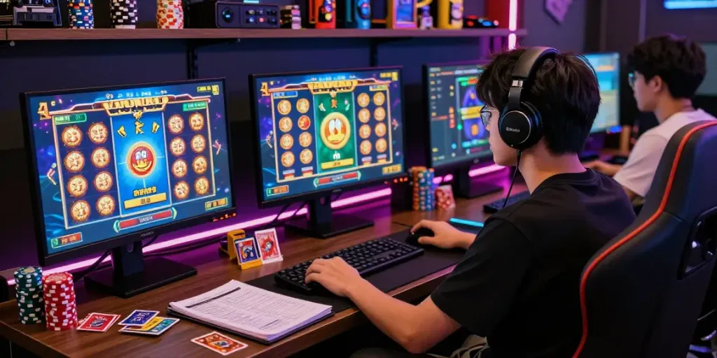 Pengguna situs slot gacor bermain dengan penuh fokus di depan komputer, dikelilingi dekorasi permainan yang cerah.