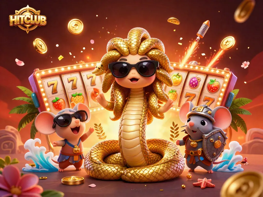 Experience gaming excitement with HITCLUB; a colorful illustration featuring vibrant casino elements.