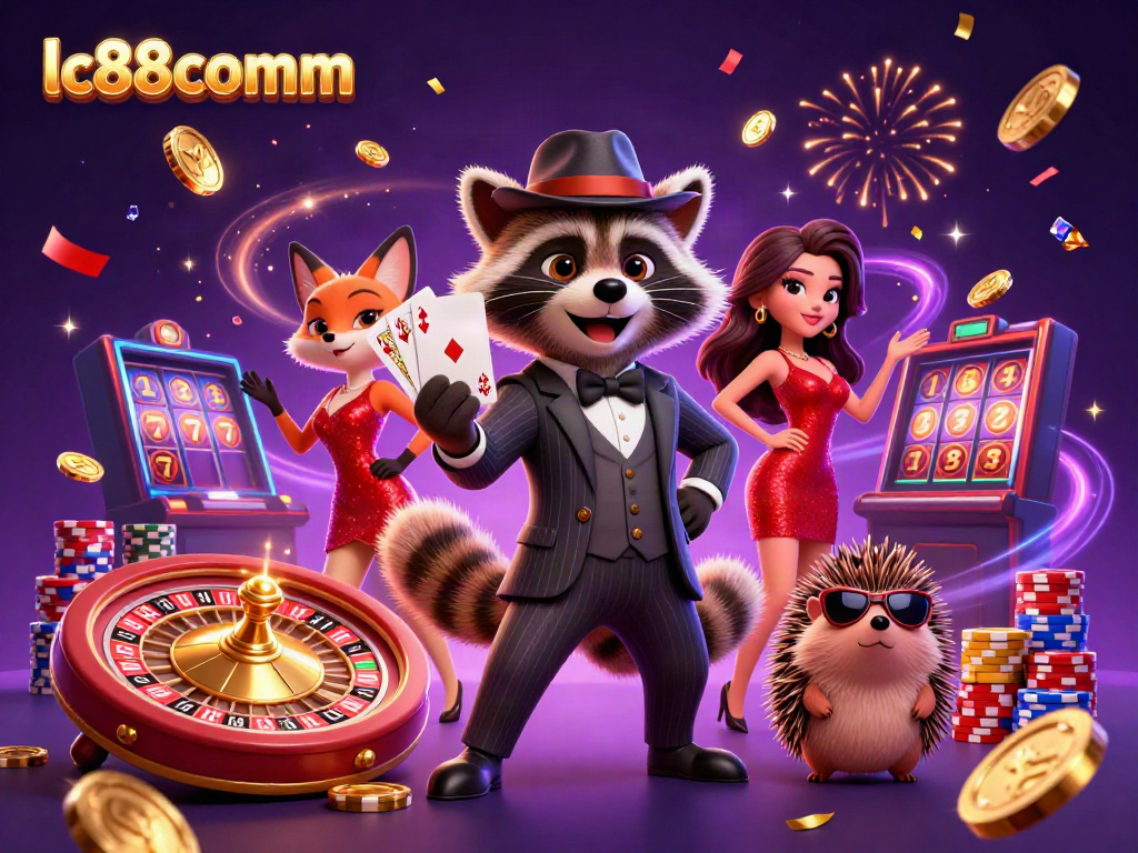 Experience thrilling wins at lc88comm with a charming raccoon, glamorous fox, and hedgehog bouncer amid casino scenes.