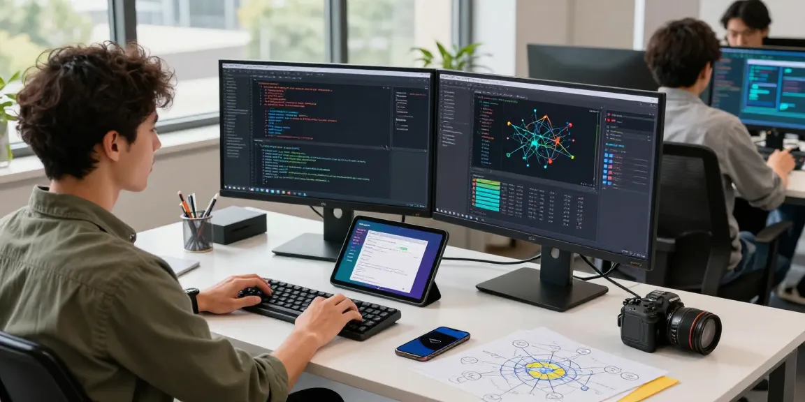 Developer using 快连 in a tech workspace with dual monitors, showcasing a modern development environment.