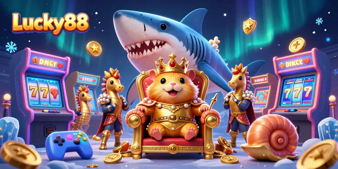 Engage with Lucky88's vibrant online gaming scene featuring a hamster king on a throne of fortune.