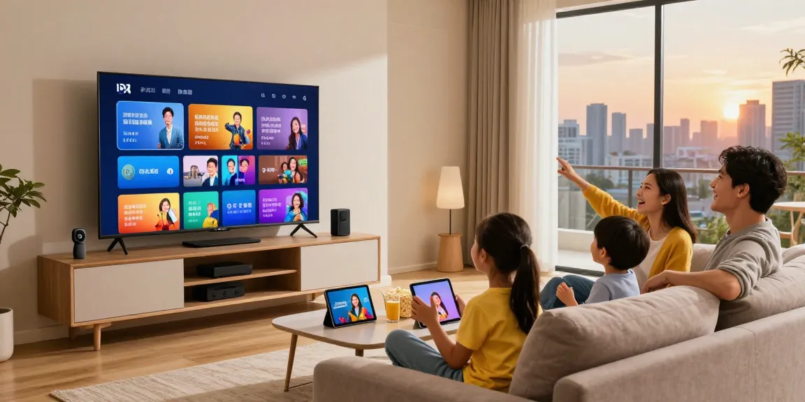 Family enjoying IPTV streaming in a cozy living room with a smart TV.