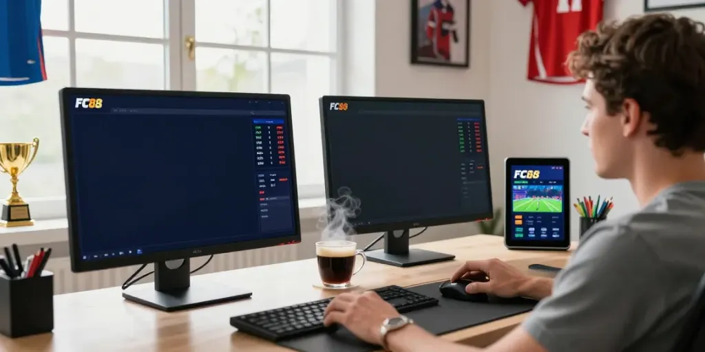 User engaging in online sports betting at FC88 with multiple screens displaying live odds and game stats.