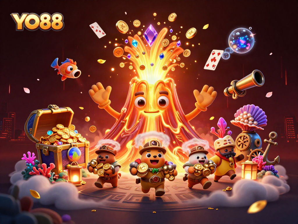 Experience the thrill of YO88's vibrant casino atmosphere with treasures erupting from a golden volcano.