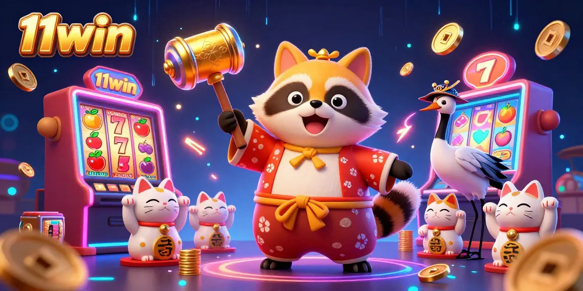 Join the fun with 11win as cheerful tanuki and lucky charms light up the slot machine action.