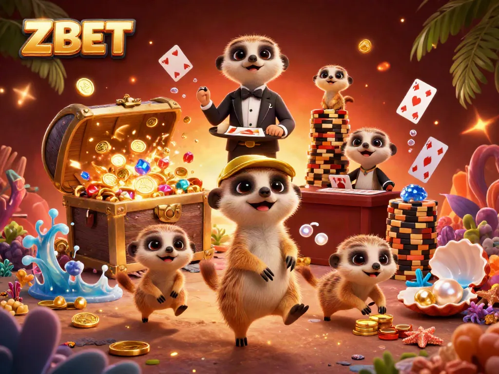 ZBET captivates with meerkats operating a vibrant casino, chasing chips amidst an explosion of riches.