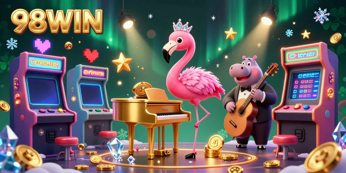Experience the vibrant 98WIN casino scene with a flamingo singer, hippo bassist, and colorful game machines.