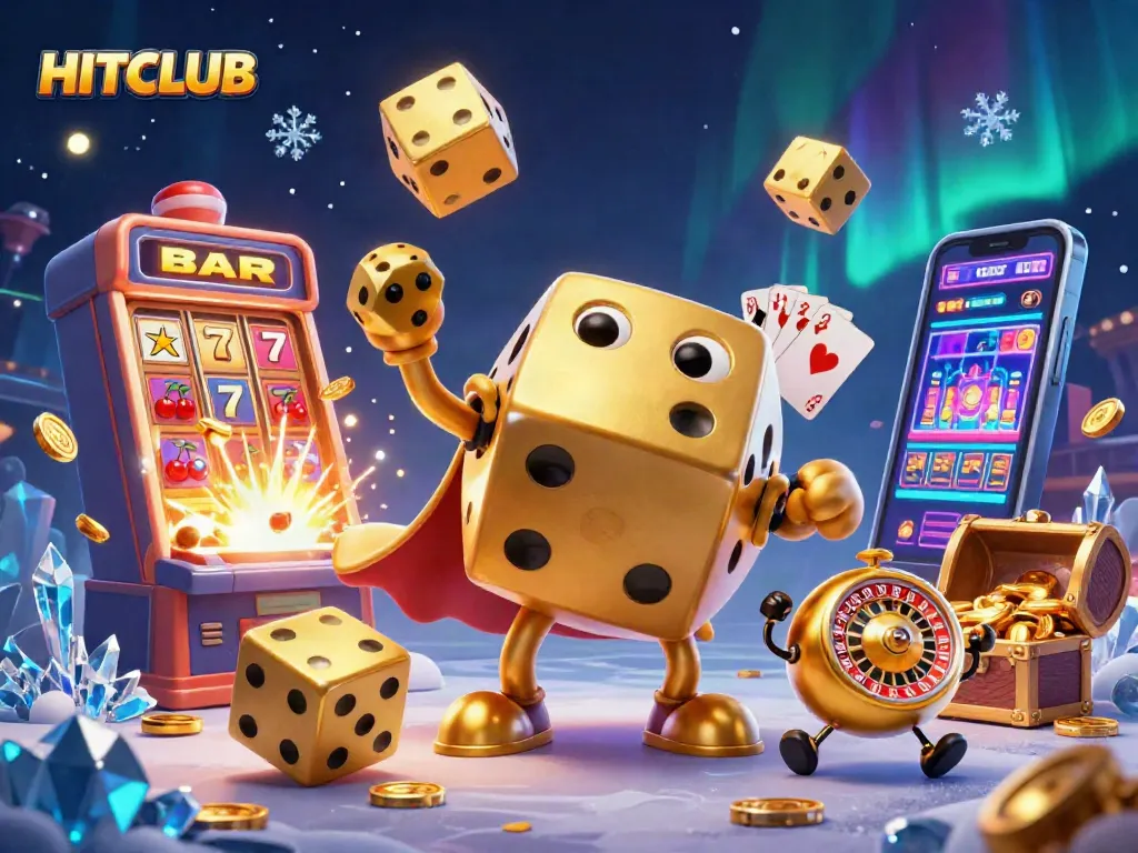 Experience the thrill at HITCLUB with vibrant casino elements in a dynamic 3D illustration.