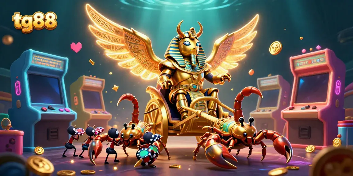 Engage in thrilling games at tg88 with a dynamic 3D casino scene featuring a golden scarab and vibrant casino elements.