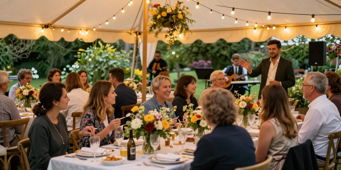 Garden party with elegant decor and happy guests celebrating, showcasing entertaining blogs.